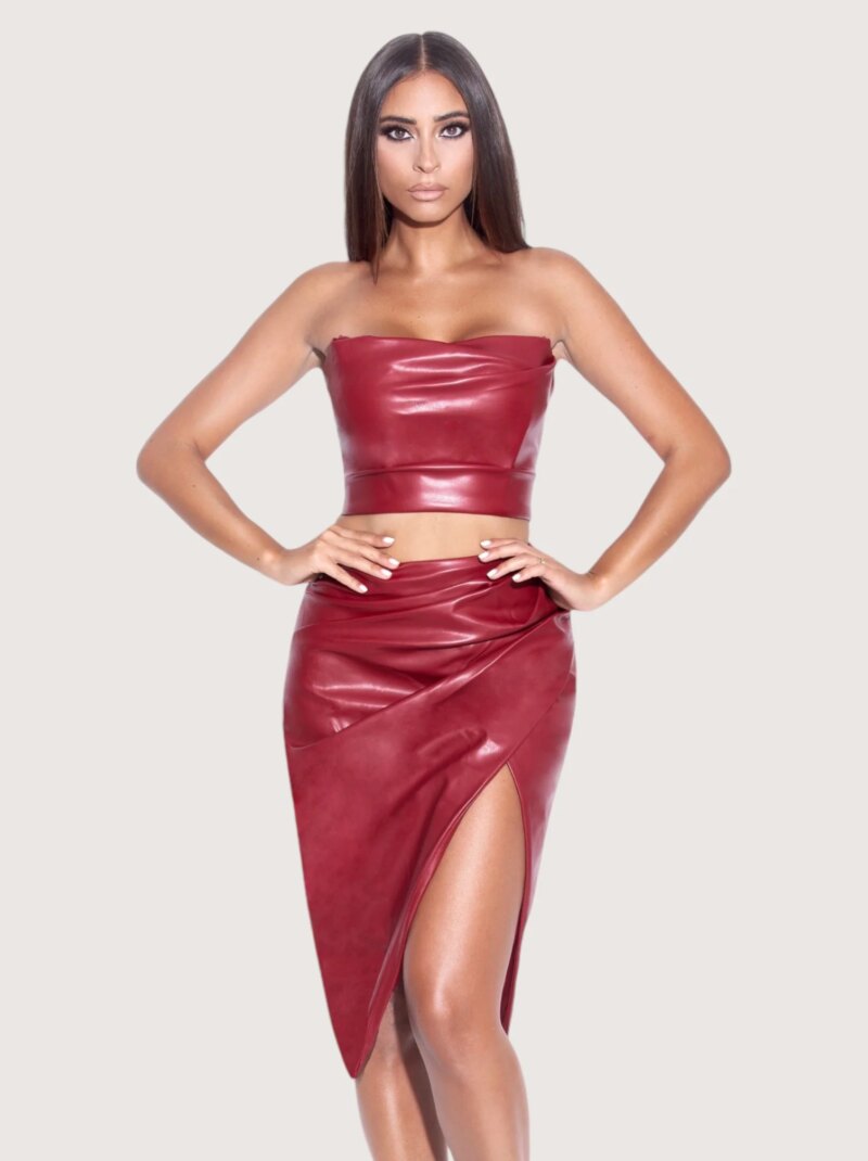 Red Leather Strapless Skirt Set